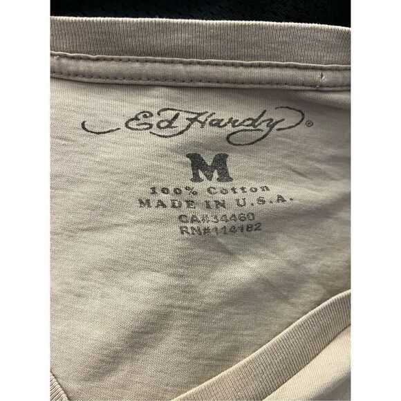 Ed Hardy V-Neck Short Sleeve Taupe Tan T-Shirt Men’s Size Medium Embroidered Tig - Picture 2 of 5